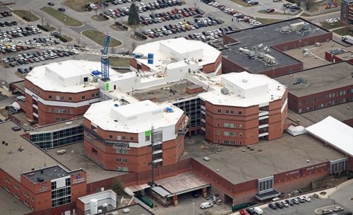 Aerial view of a hospital campus roof